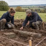 Zwei Fachkräfte untersuchen ein Metallrohr und einen Metallbehälter in einer markierten Suchfläche