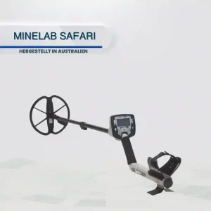 Minelab Safari Metalldetektor mit Suchspule und Display auf weißem Hintergrund