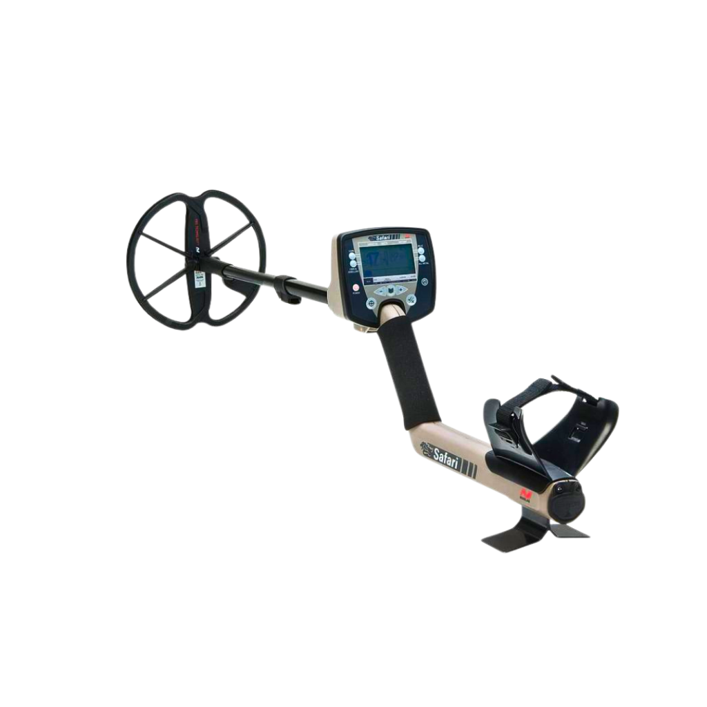 Minelab Safari Metalldetektor mit Suchspule und Display auf weißem Hintergrund