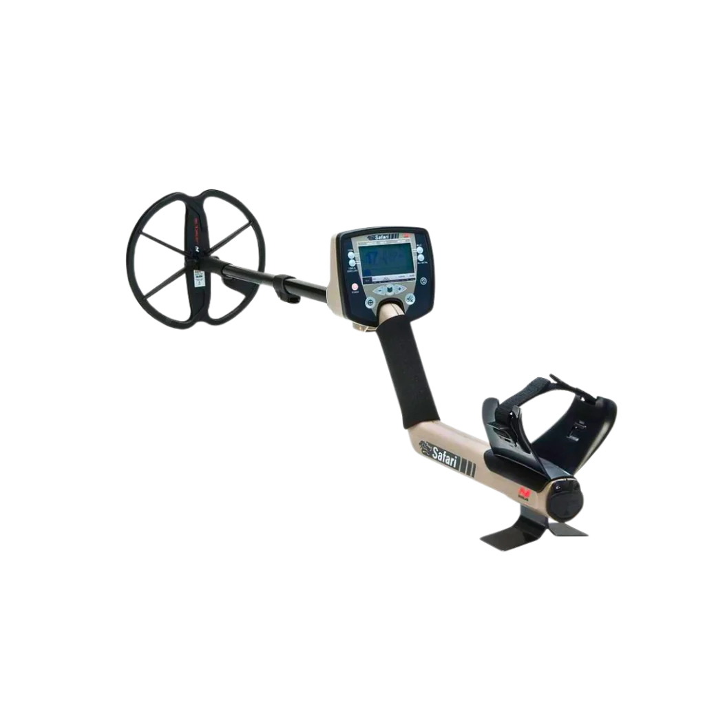 Minelab Safari Metalldetektor mit Suchspule und Display auf weißem Hintergrund