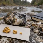 Unterschiedlich große Naturgoldstücke und mineralhaltiges Gestein als Suchziele